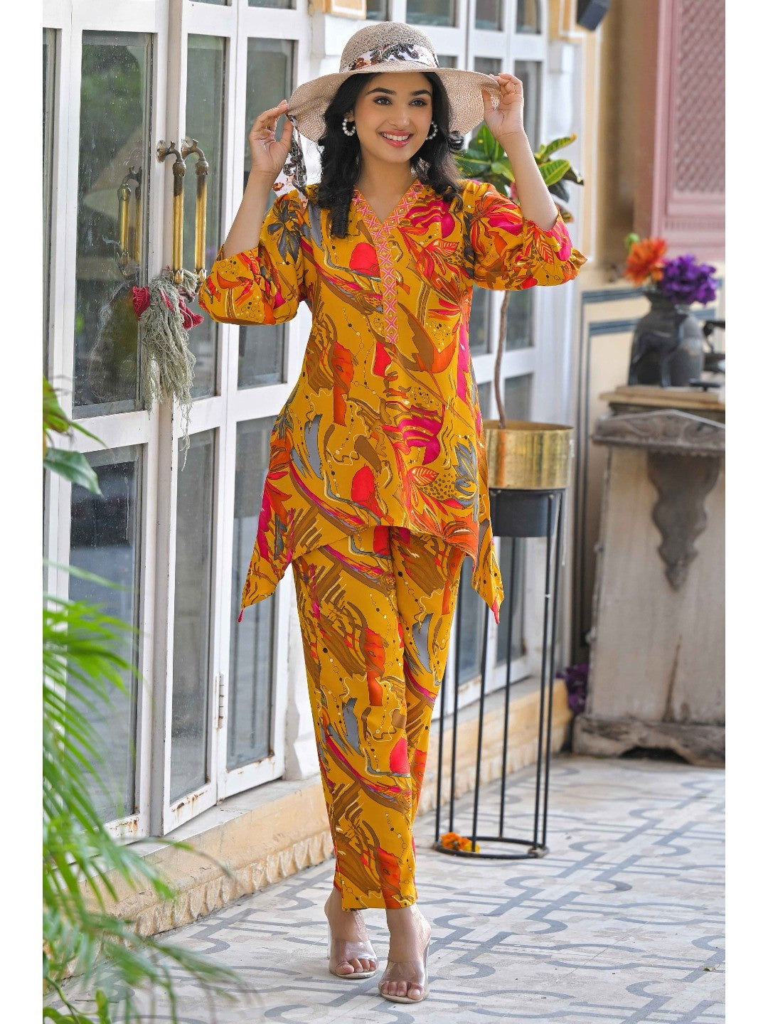 Mustard Floral Printed Rayon A-Line Co-Ord Set - Image 1