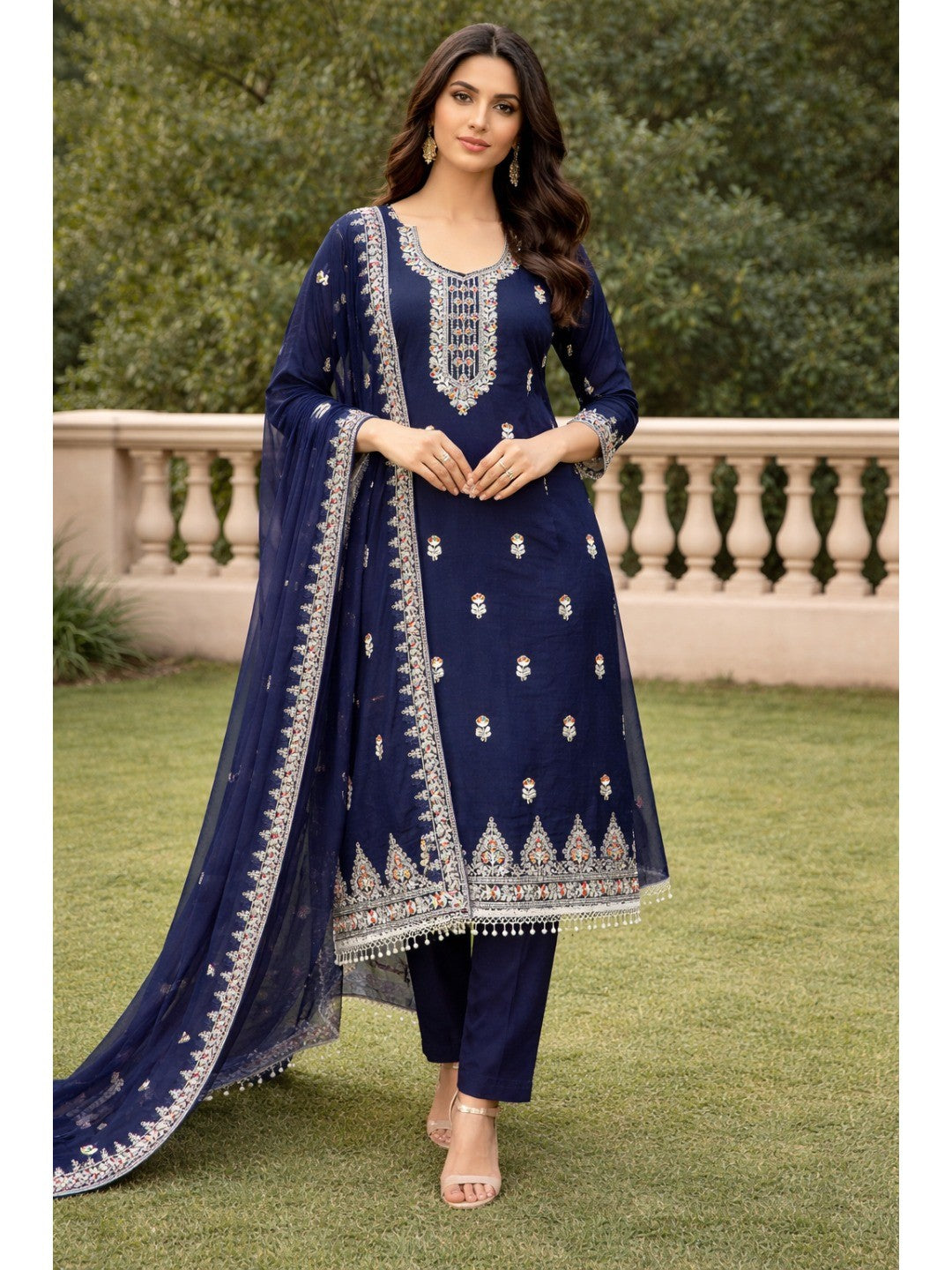 Navy Blue Chanderi Silk Dress Material with Embroidery and Intricate Thread Detailing - Image 1