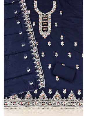 Navy Blue Chanderi Silk Dress Material with Embroidery and Intricate Thread Detailing - Image 1