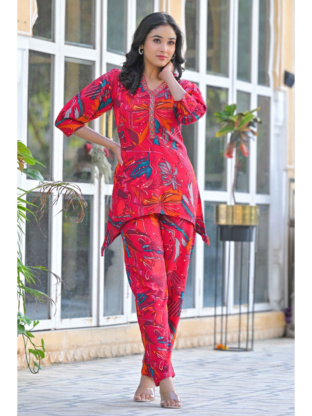 Pink Floral Printed Rayon A-Line Co-Ord Set - Image 1