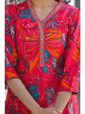 Pink Floral Printed Rayon A-Line Co-Ord Set - Image 2