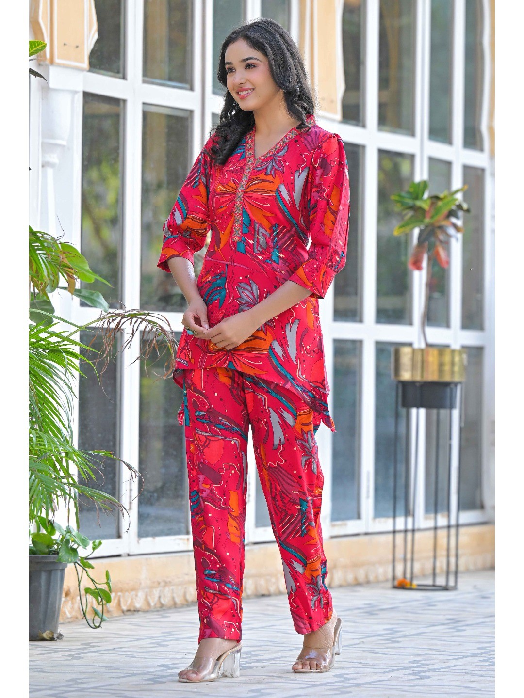 Pink Floral Printed Rayon A-Line Co-Ord Set - Image 3