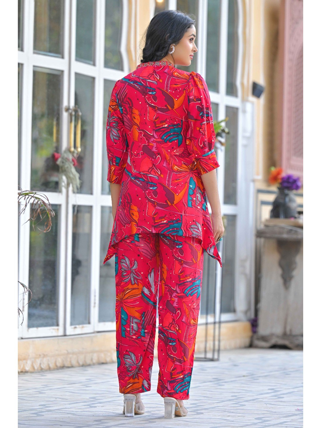 Pink Floral Printed Rayon A-Line Co-Ord Set - Image 4