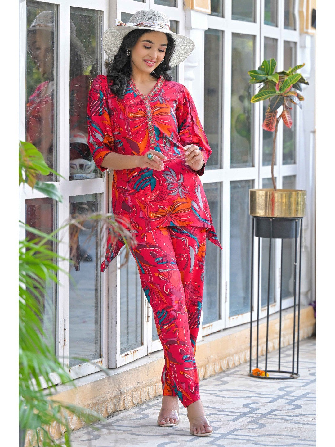 Pink Floral Printed Rayon A-Line Co-Ord Set - Image 5