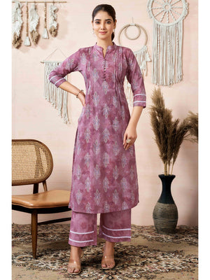 Mauve Floral Foil Printed Cambric Cotton Kurti Palazzo Set - Image 1