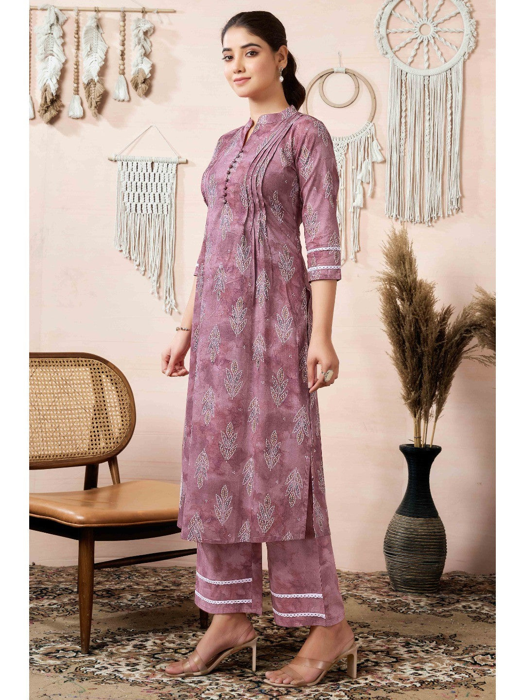 Mauve Floral Foil Printed Cambric Cotton Kurti Palazzo Set - Image 5