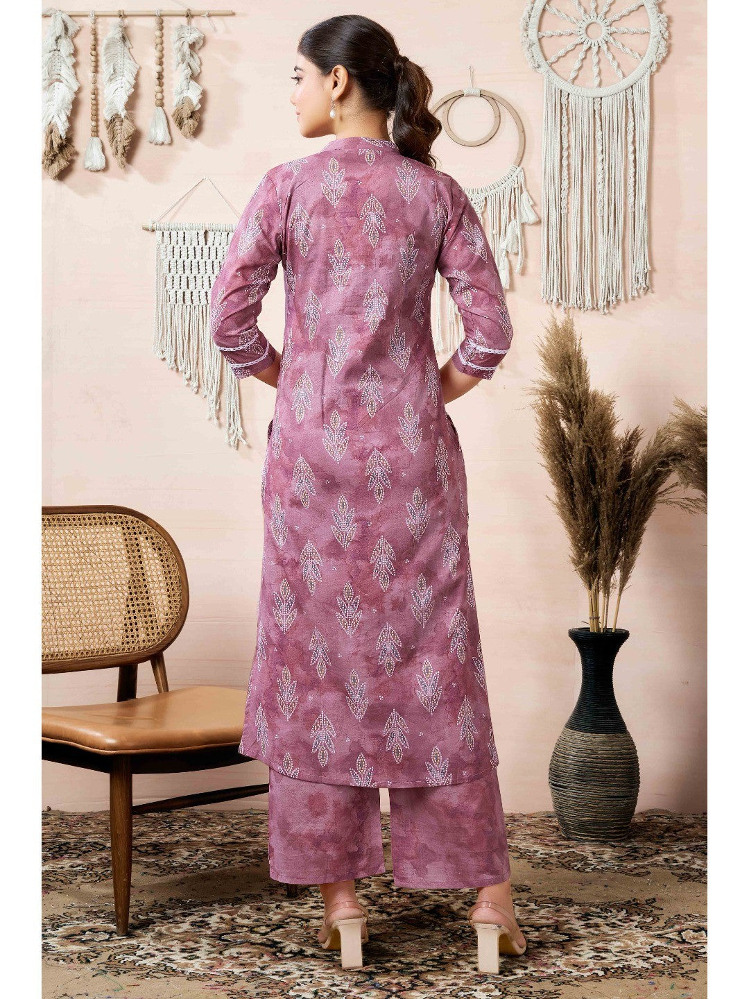 Mauve Floral Foil Printed Cambric Cotton Kurti Palazzo Set - Image 3