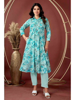 Light Blue Floral Printed Pure Cotton A-Line Kurti - Image 1