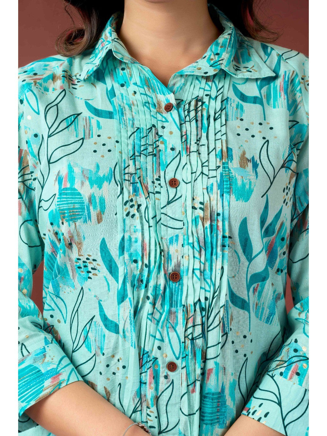Light Blue Floral Printed Pure Cotton A-Line Kurti - Image 6