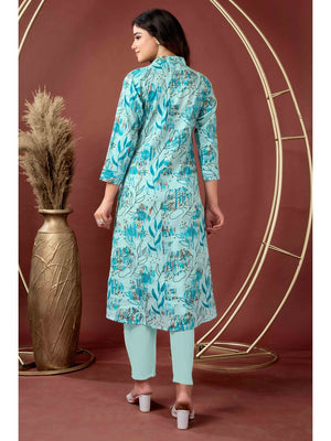 Light Blue Floral Printed Pure Cotton A-Line Kurti - Image 2