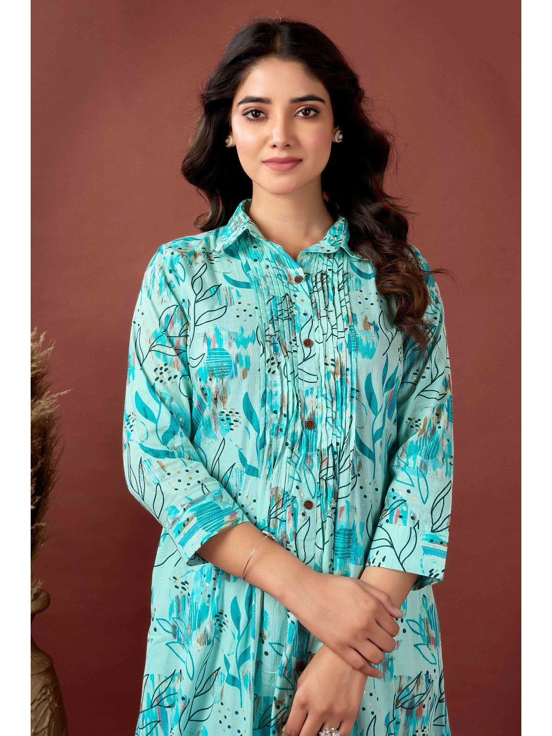 Light Blue Floral Printed Pure Cotton A-Line Kurti - Image 3