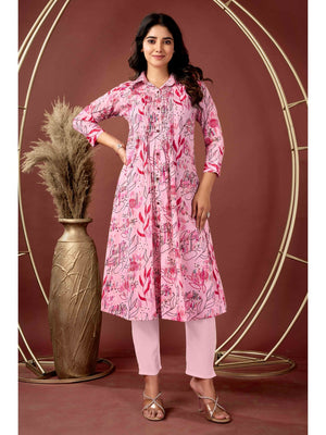 Light Peach Floral Printed Pure Cotton A-Line Kurti - Image 1