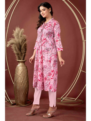 Light Peach Floral Printed Pure Cotton A-Line Kurti - Image 2