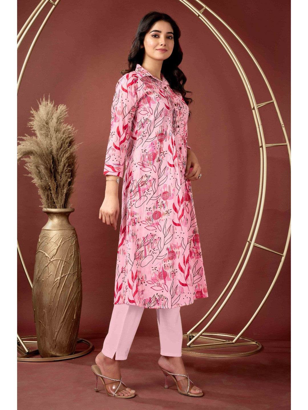 Light Peach Floral Printed Pure Cotton A-Line Kurti - Image 7