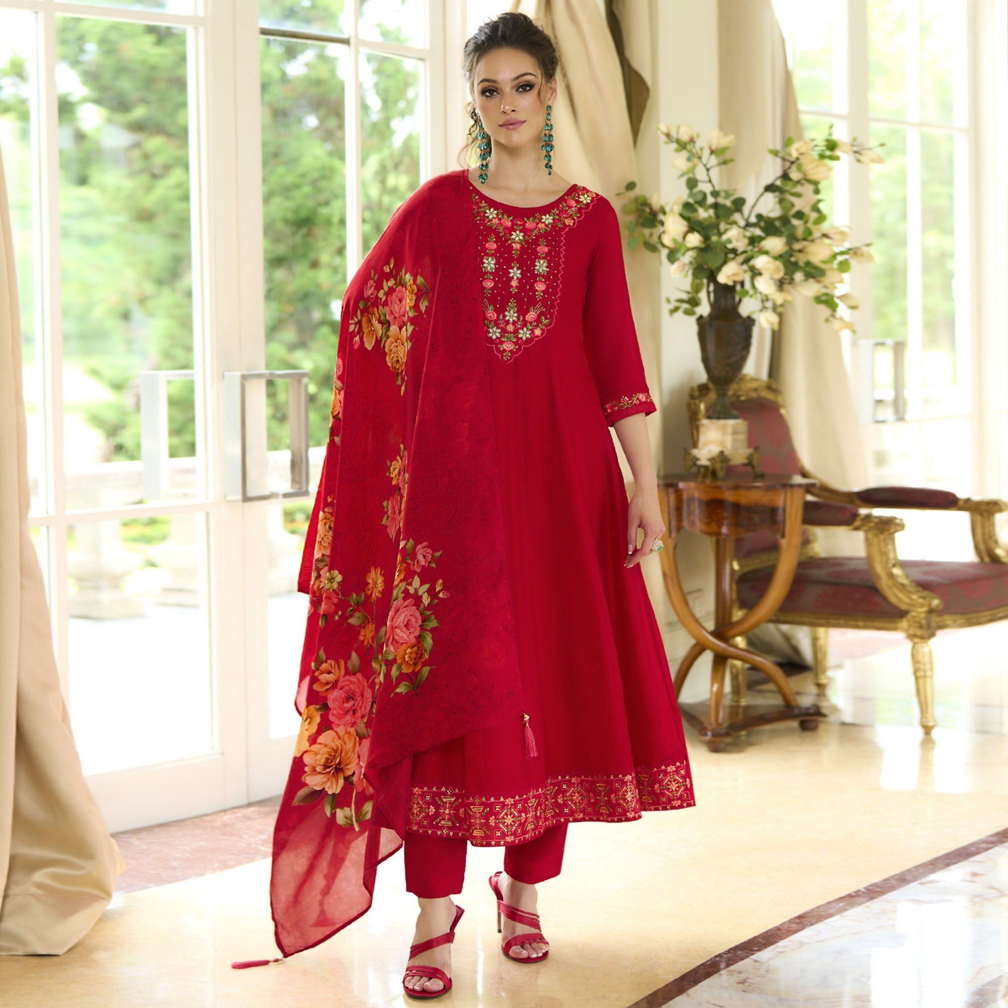 Pink Embroidered Vichitra Silk Anarkali Salwar Suit - Image 1