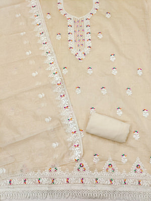 Cream Chanderi Silk Dress Material with Embroidery and Intricate Thread Detailing - Image 2