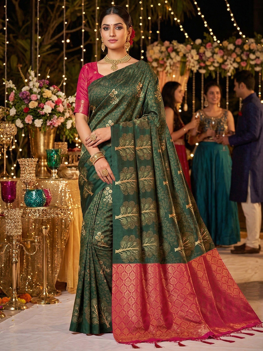 Green Silk Blend Saree with Woven Floral Design and Detailed Woven Motifs - Image 1