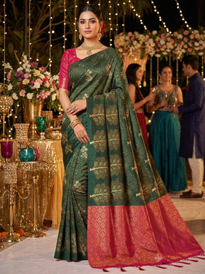 Green Silk Blend Saree with Woven Floral Design and Detailed Woven Motifs - Image 1