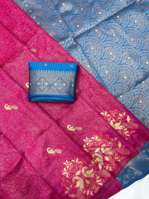 Pink Silk Blend Saree with Woven Floral Design and Detailed Woven Motifs - Image 2
