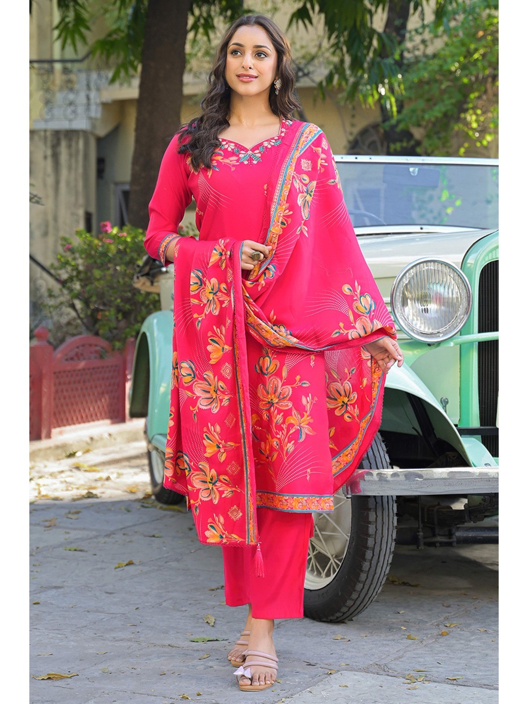 Pink Floral Printed Thread Work Chanderi Silk Straight Salwar Suit - Image 5