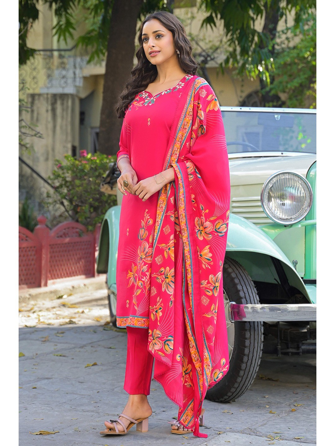 Pink Floral Printed Thread Work Chanderi Silk Straight Salwar Suit - Image 6