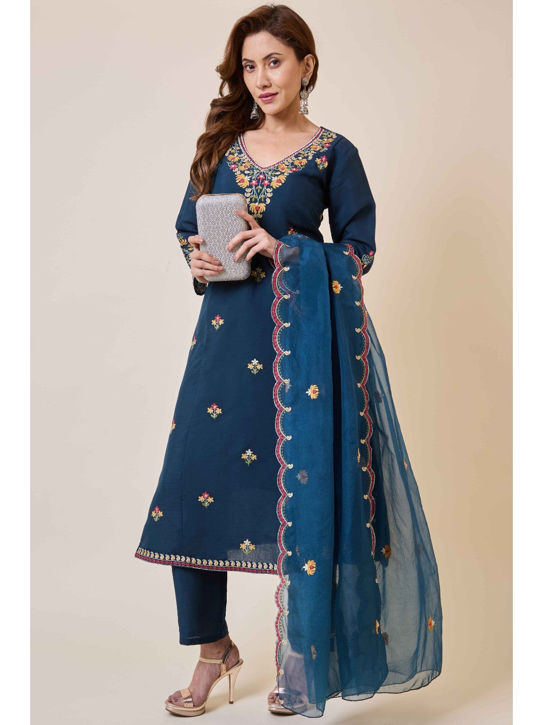 Prussian Blue Floral Hand Work Embroidered Chanderi Salwar Suit - Image 1