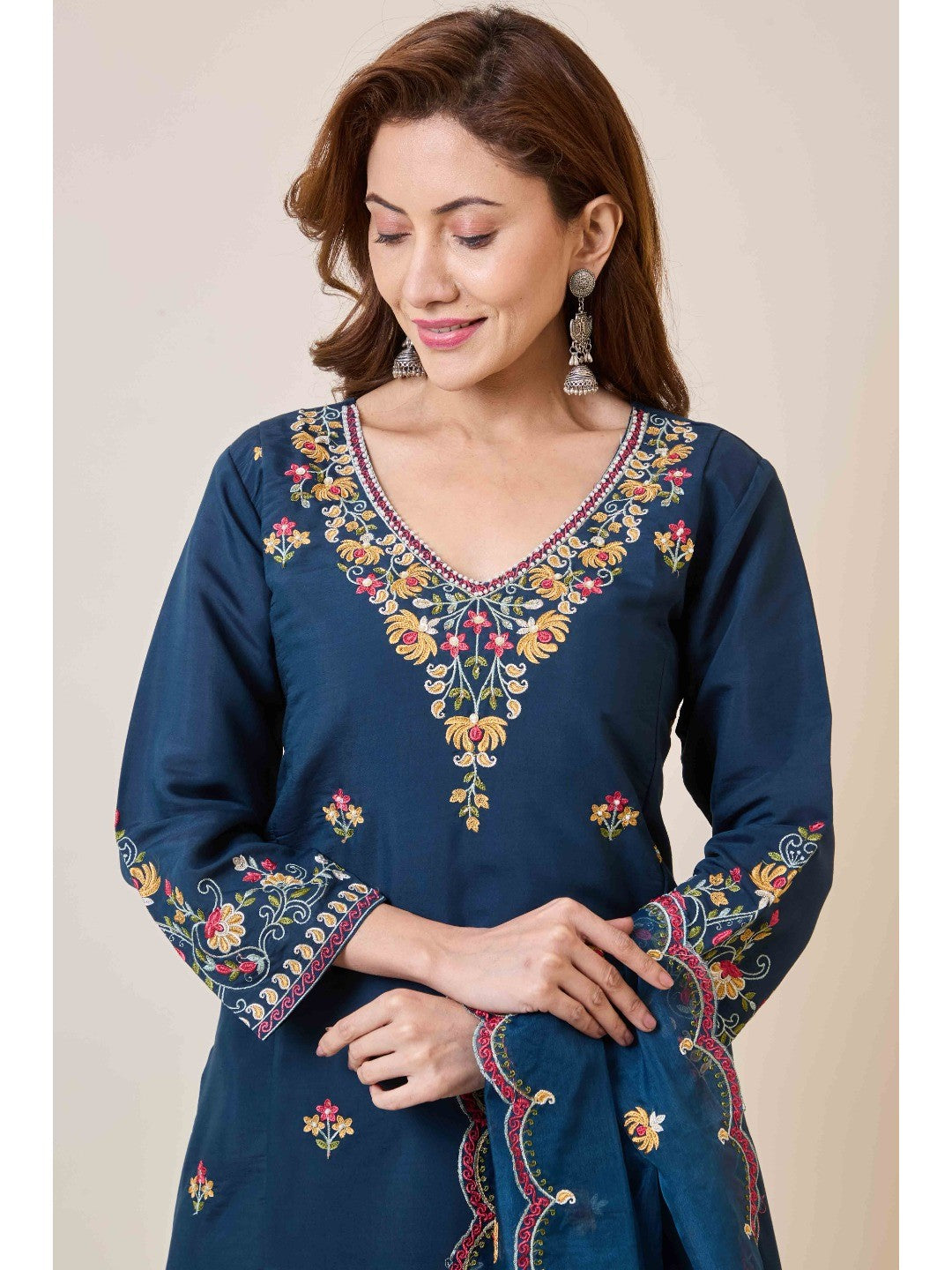 Prussian Blue Floral Hand Work Embroidered Chanderi Salwar Suit - Image 11