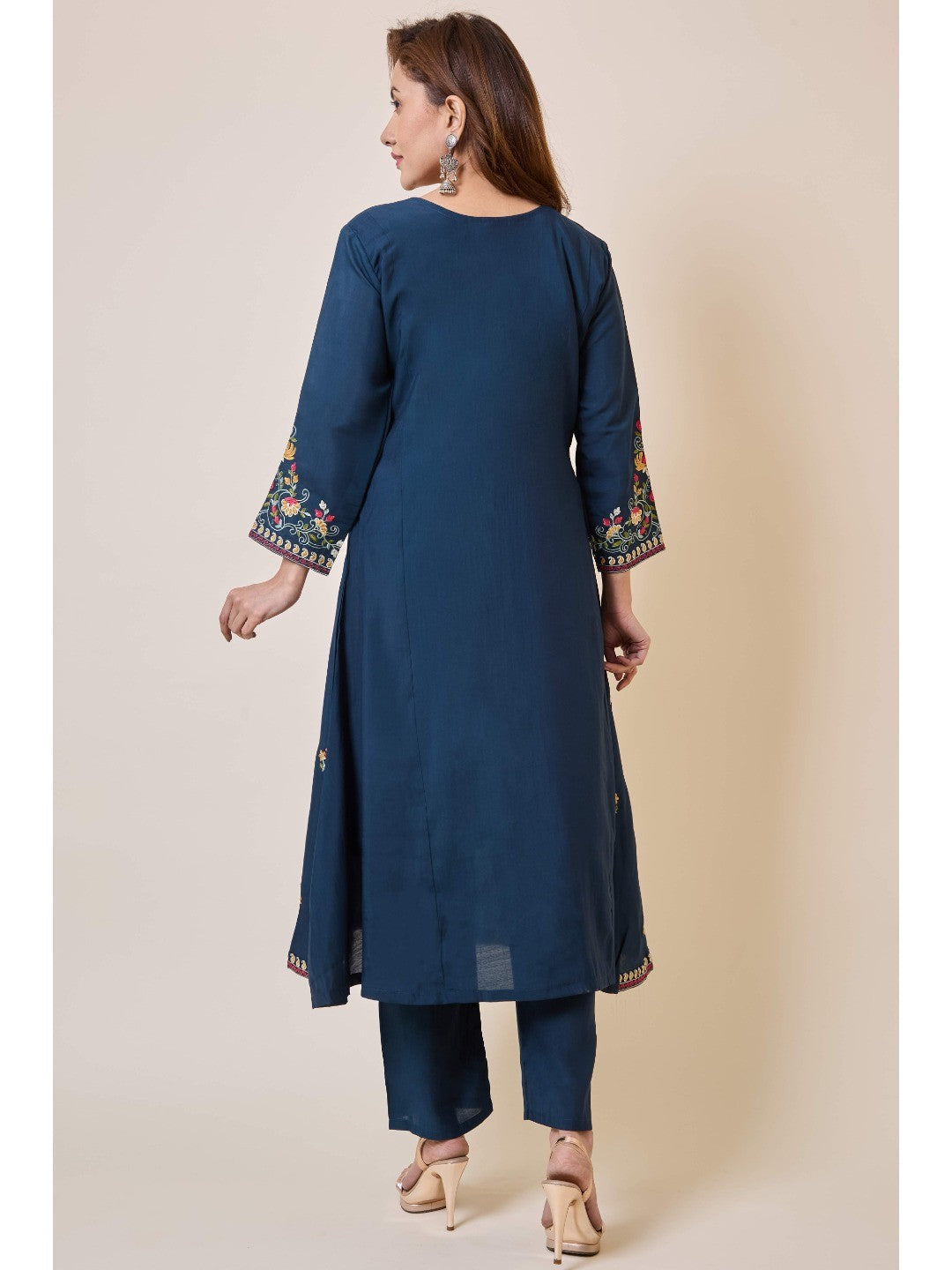 Prussian Blue Floral Hand Work Embroidered Chanderi Salwar Suit - Image 10