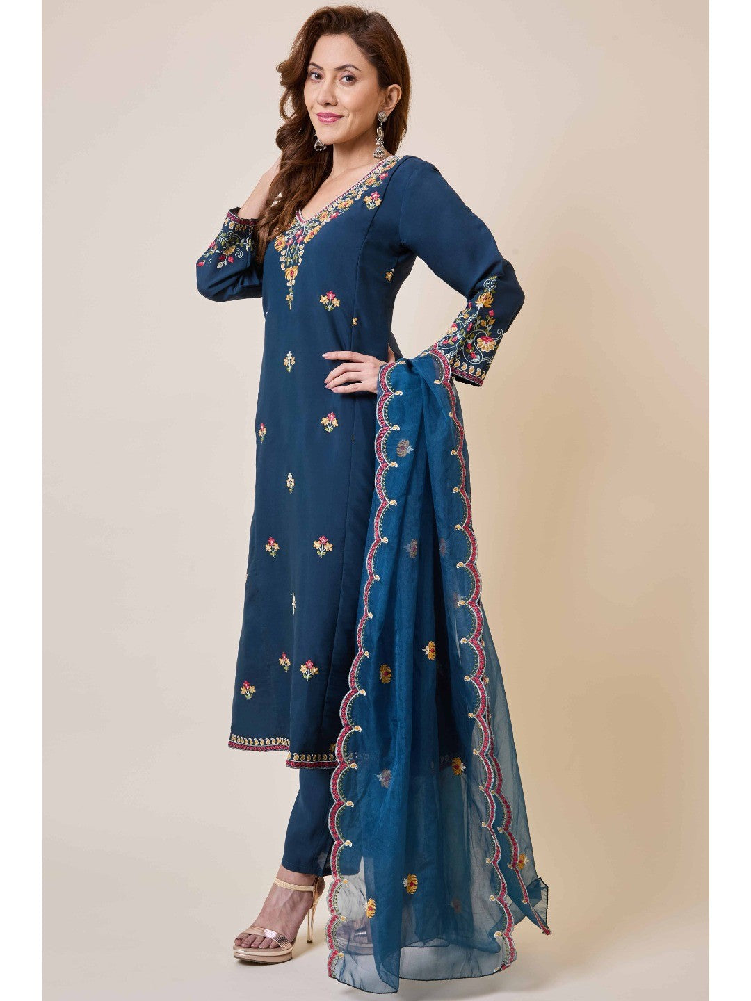 Prussian Blue Floral Hand Work Embroidered Chanderi Salwar Suit - Image 9