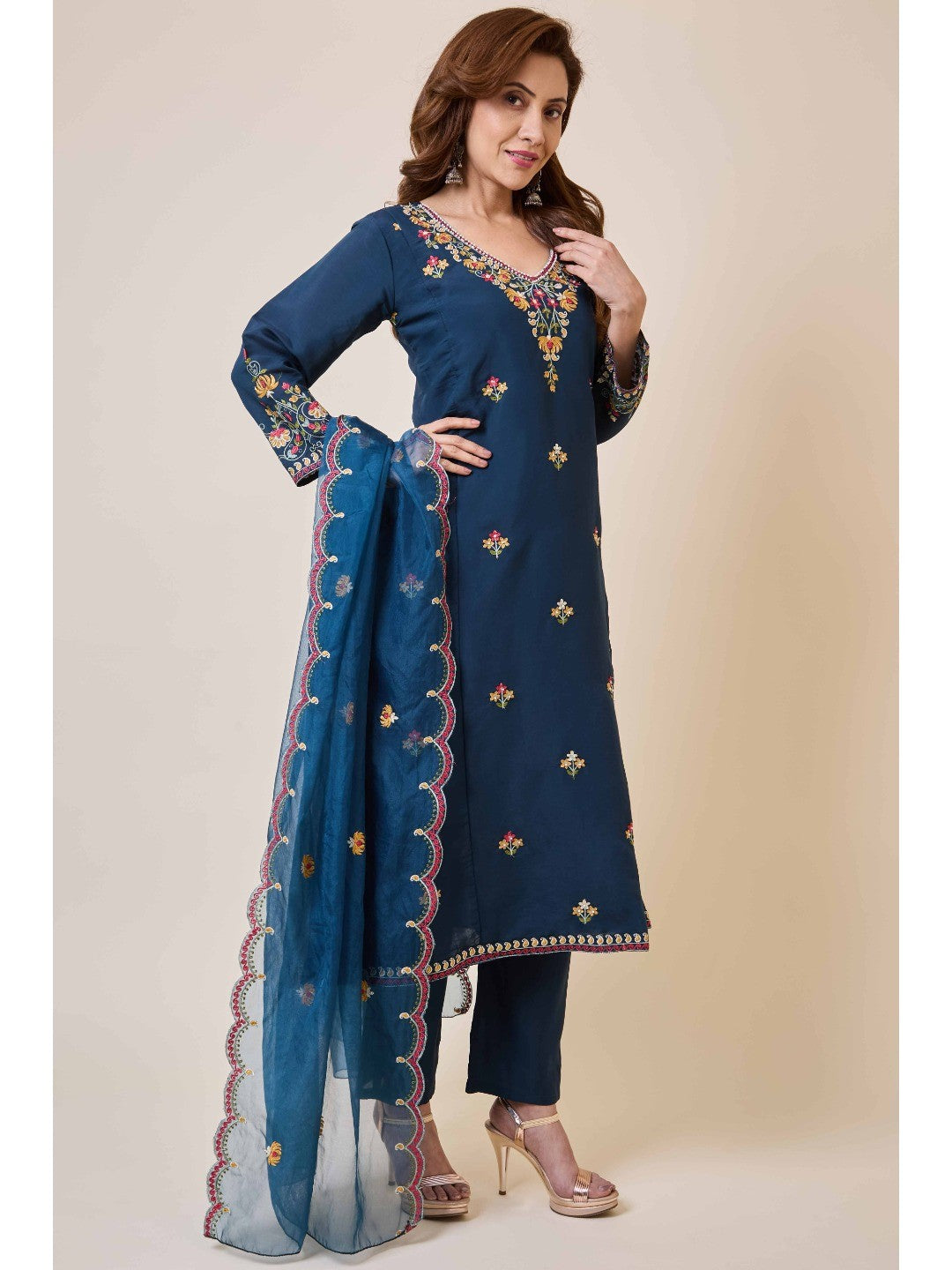 Prussian Blue Floral Hand Work Embroidered Chanderi Salwar Suit - Image 8