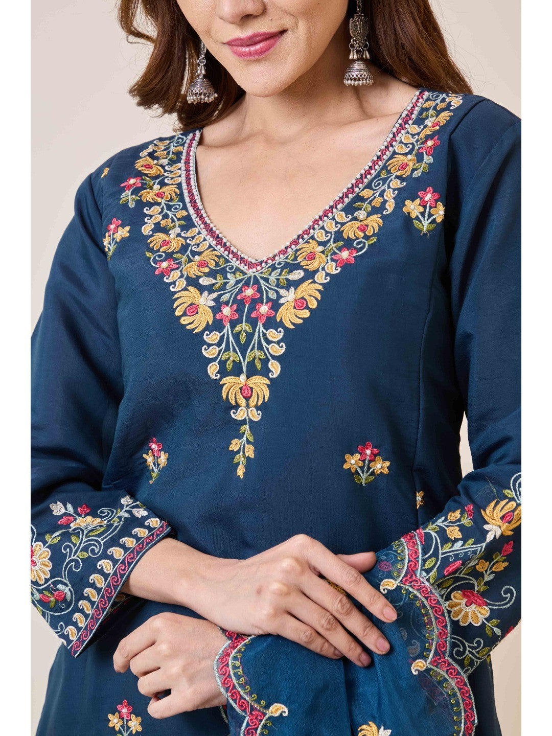 Prussian Blue Floral Hand Work Embroidered Chanderi Salwar Suit - Image 7