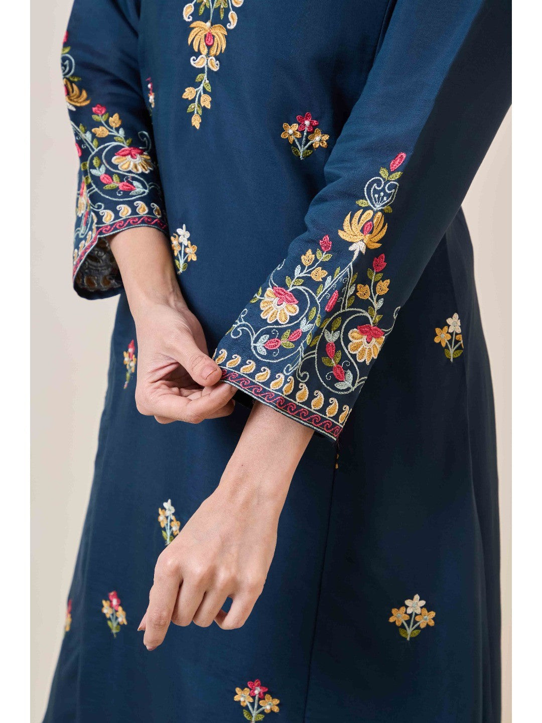 Prussian Blue Floral Hand Work Embroidered Chanderi Salwar Suit - Image 6