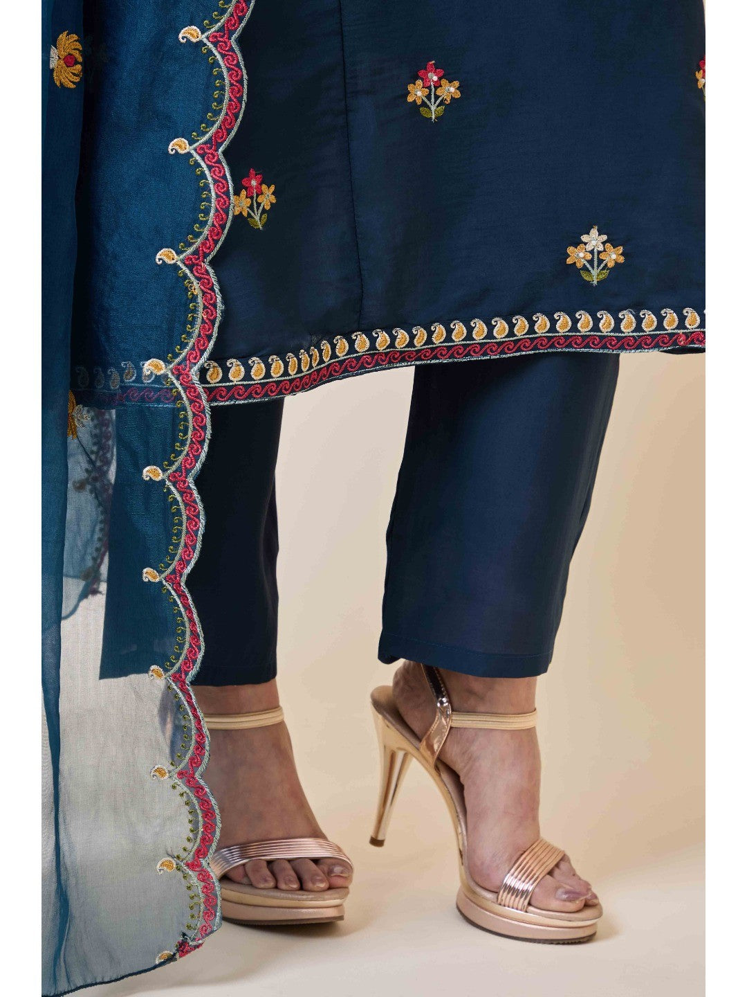 Prussian Blue Floral Hand Work Embroidered Chanderi Salwar Suit - Image 5