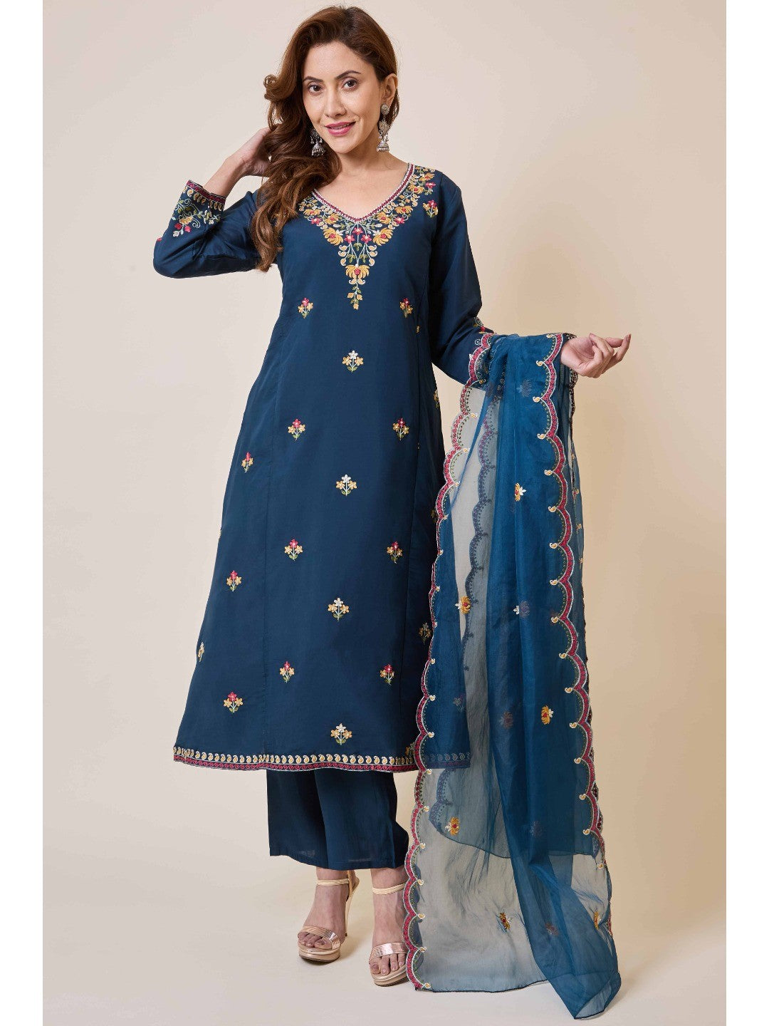Prussian Blue Floral Hand Work Embroidered Chanderi Salwar Suit - Image 4
