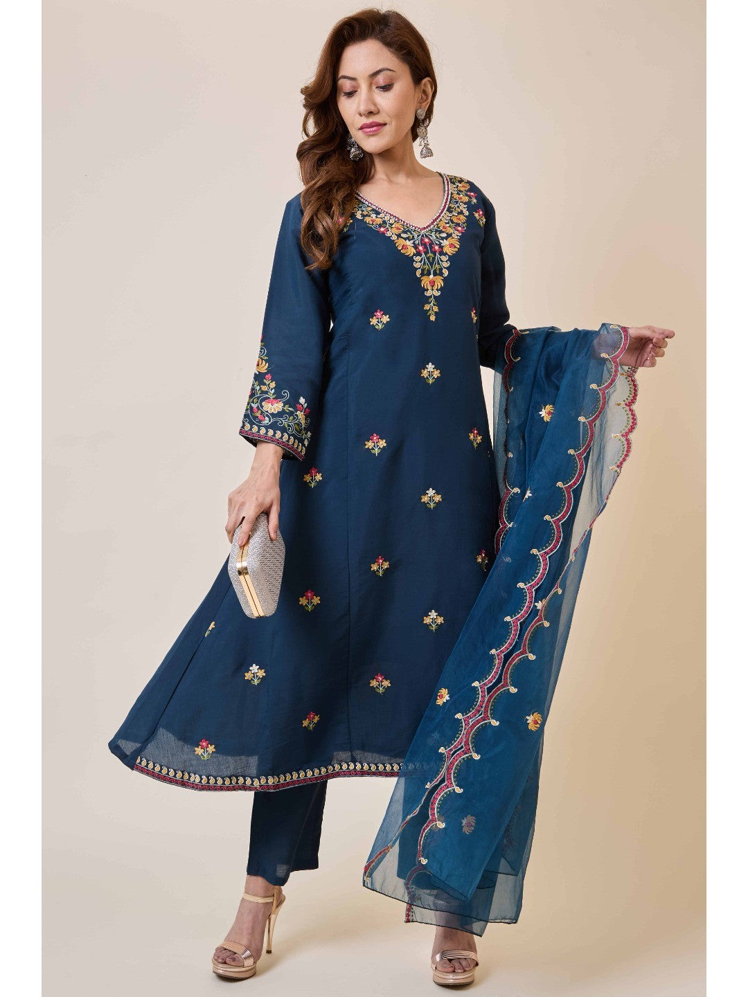 Prussian Blue Floral Hand Work Embroidered Chanderi Salwar Suit - Image 3