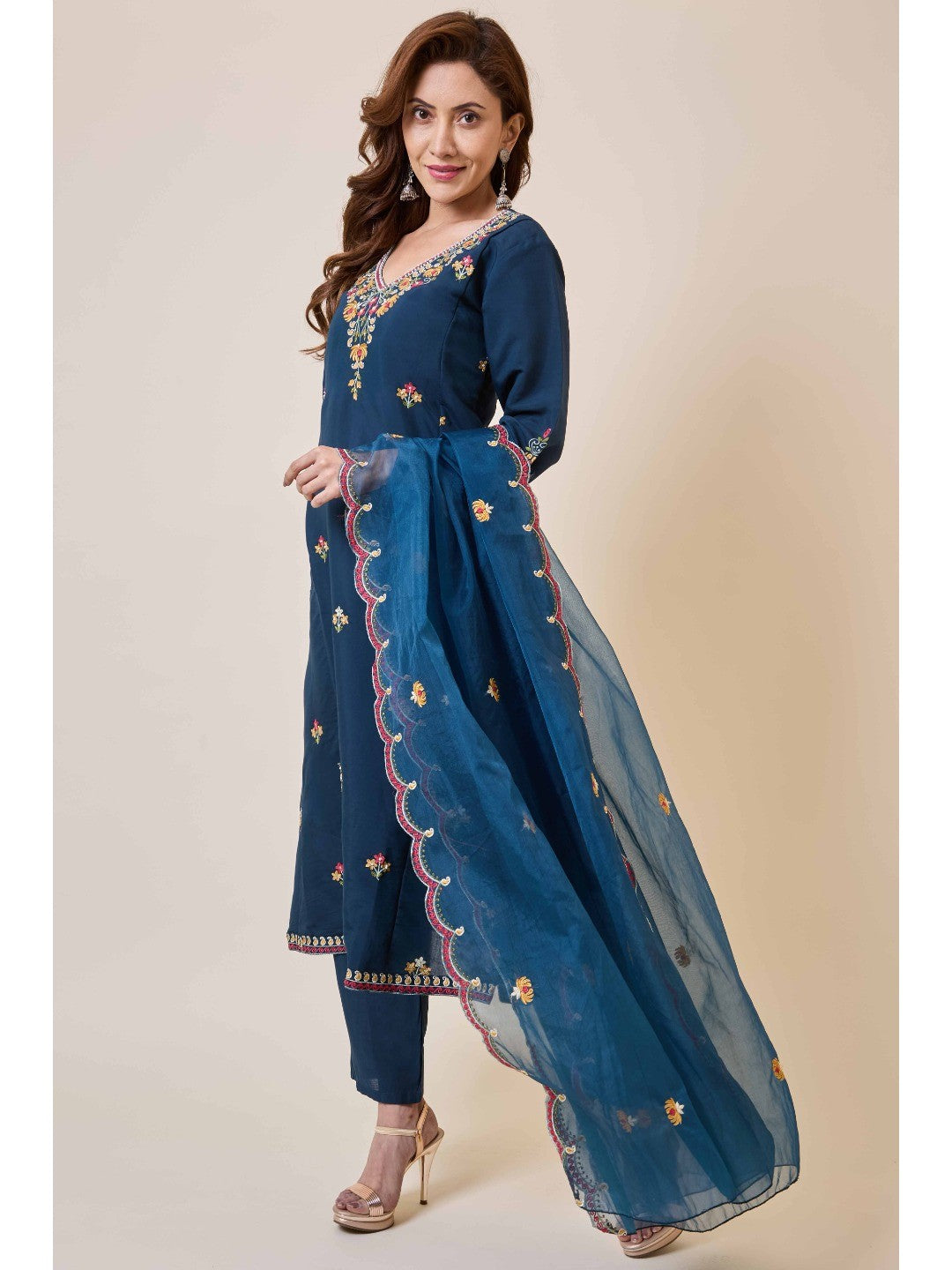 Prussian Blue Floral Hand Work Embroidered Chanderi Salwar Suit - Image 2
