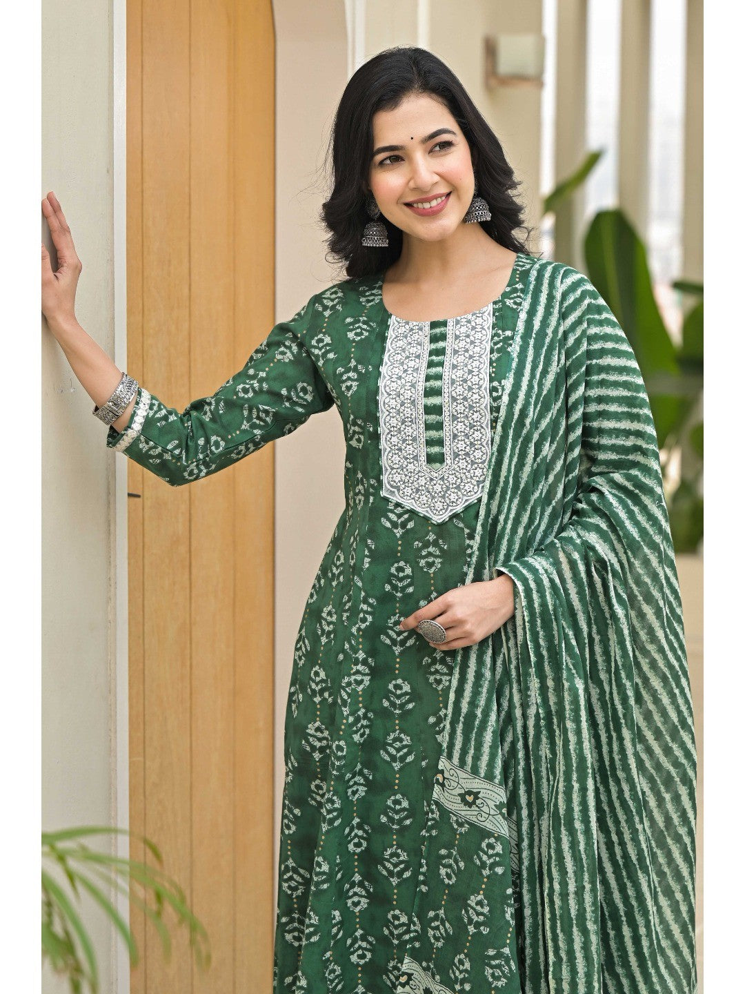 Green Floral Printed Pure Cotton Anarkali Salwar Suit - Image 5