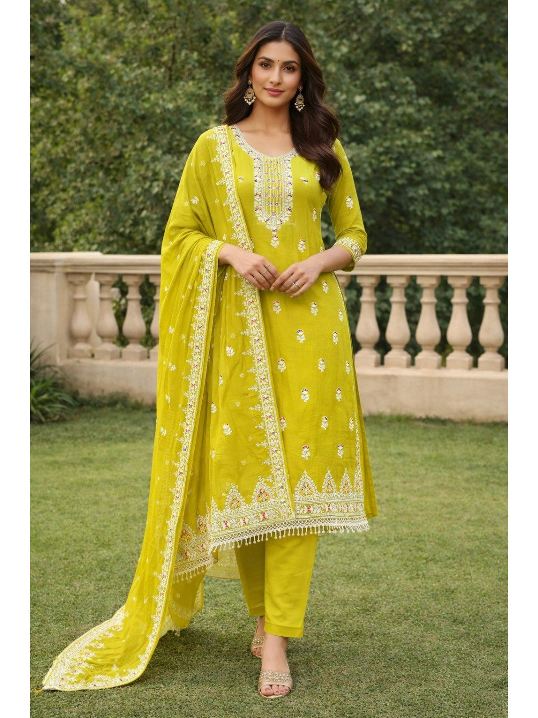 Green Chanderi Silk Dress Material with Embroidery and Intricate Thread Detailing - Image 1