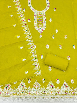Green Chanderi Silk Dress Material with Embroidery and Intricate Thread Detailing - Image 1