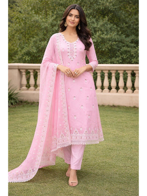 Pink Chanderi Silk Dress Material with Embroidery and Intricate Thread Detailing - Image 1