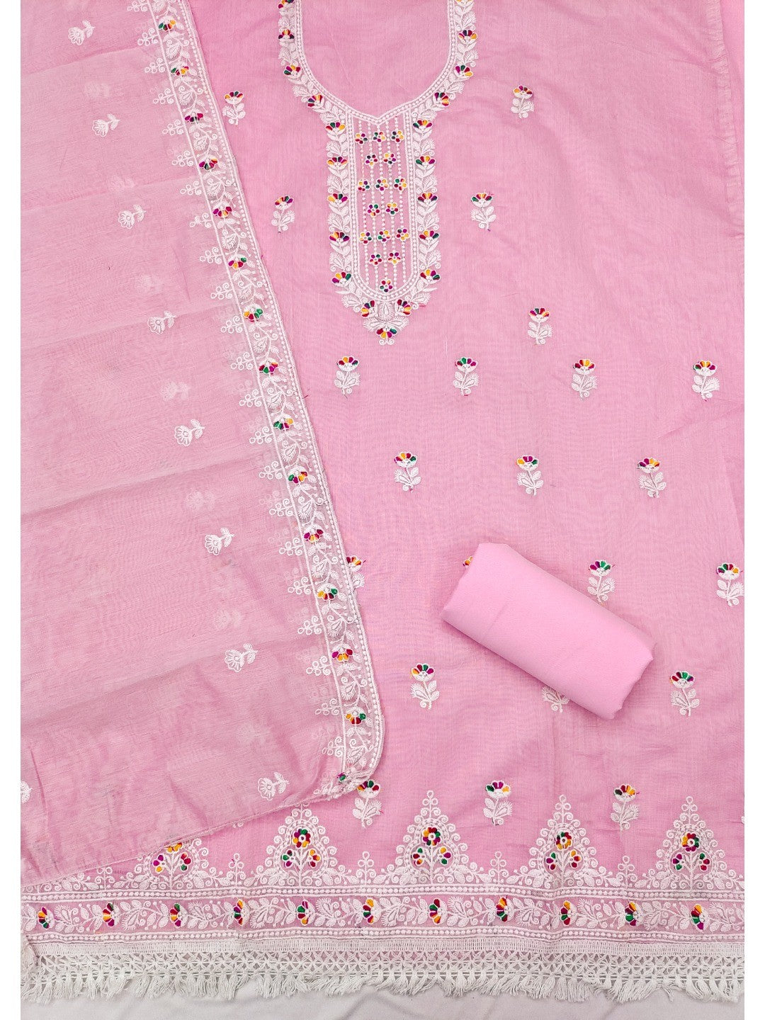 Pink Chanderi Silk Dress Material with Embroidery and Intricate Thread Detailing - Image 3
