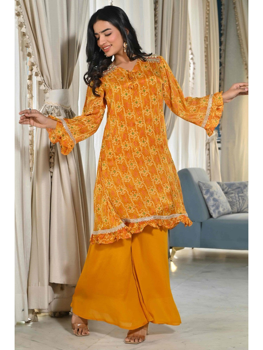 Mustard Bandhani Printed Chinon Co-Ord Set - Image 1