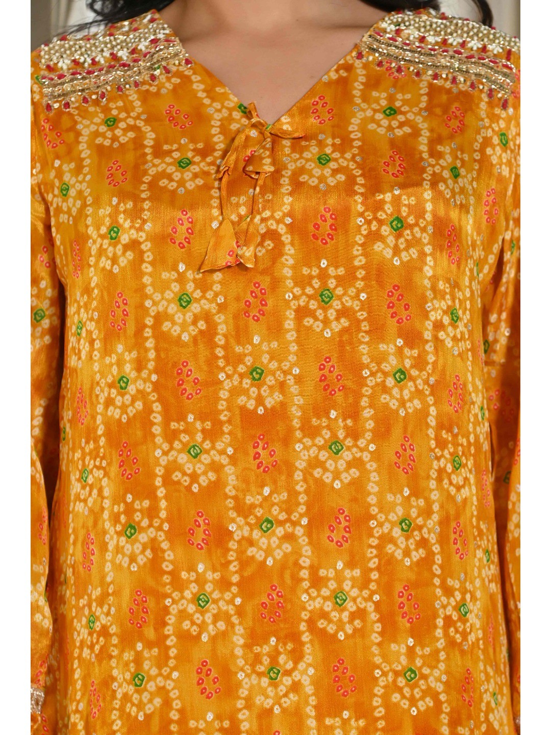 Mustard Bandhani Printed Chinon Co-Ord Set - Image 9