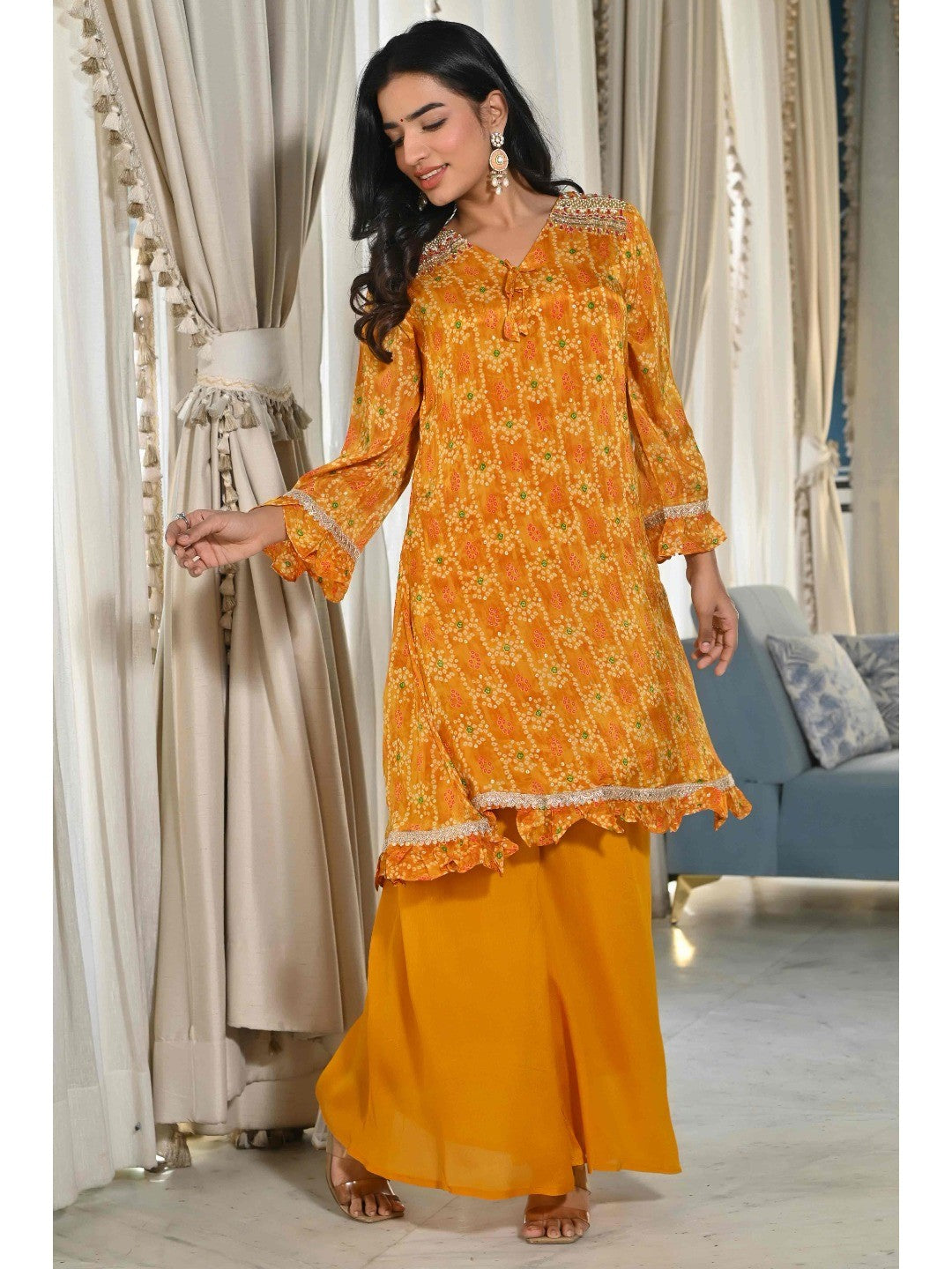 Mustard Bandhani Printed Chinon Co-Ord Set - Image 8