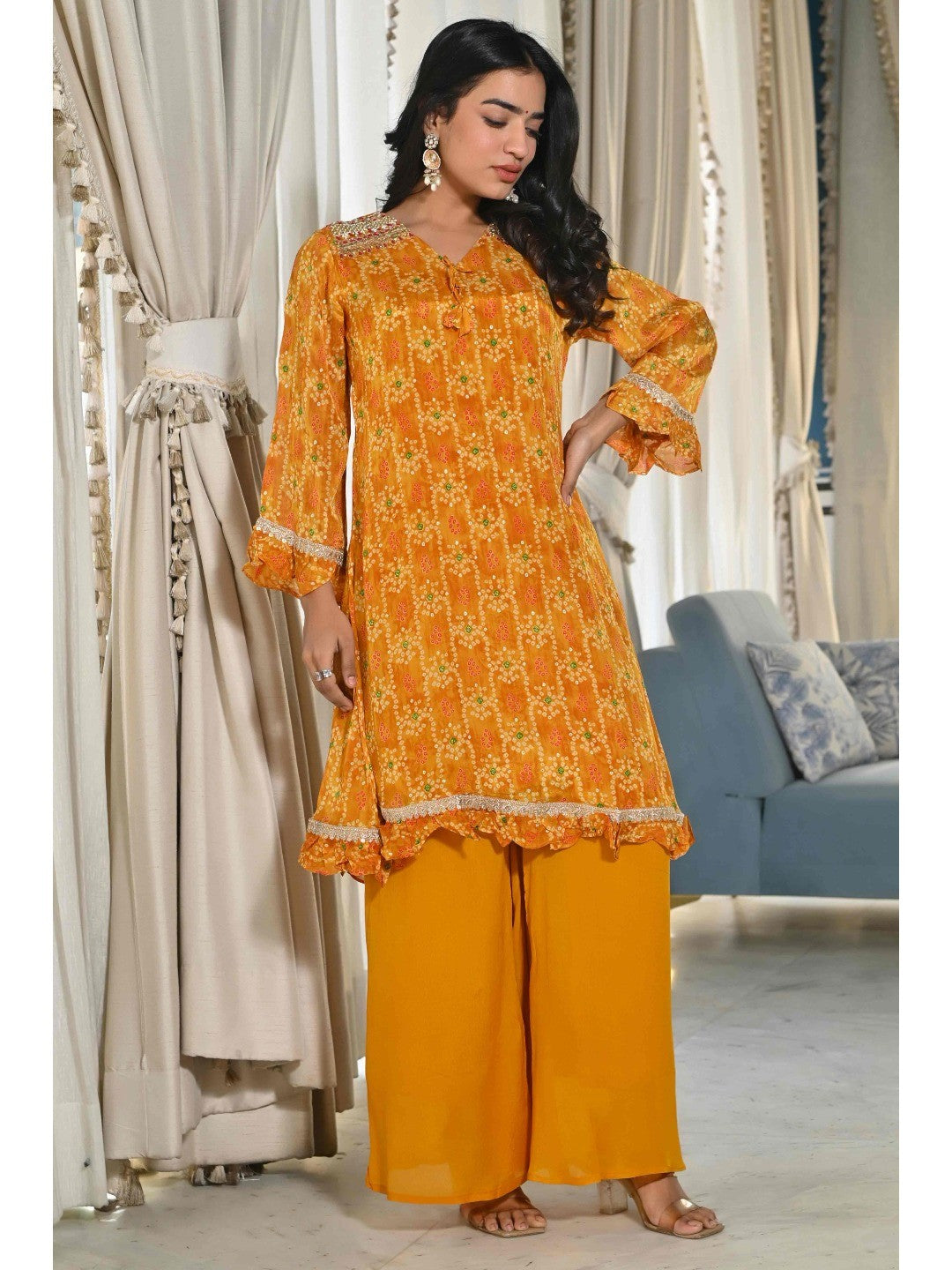 Mustard Bandhani Printed Chinon Co-Ord Set - Image 7