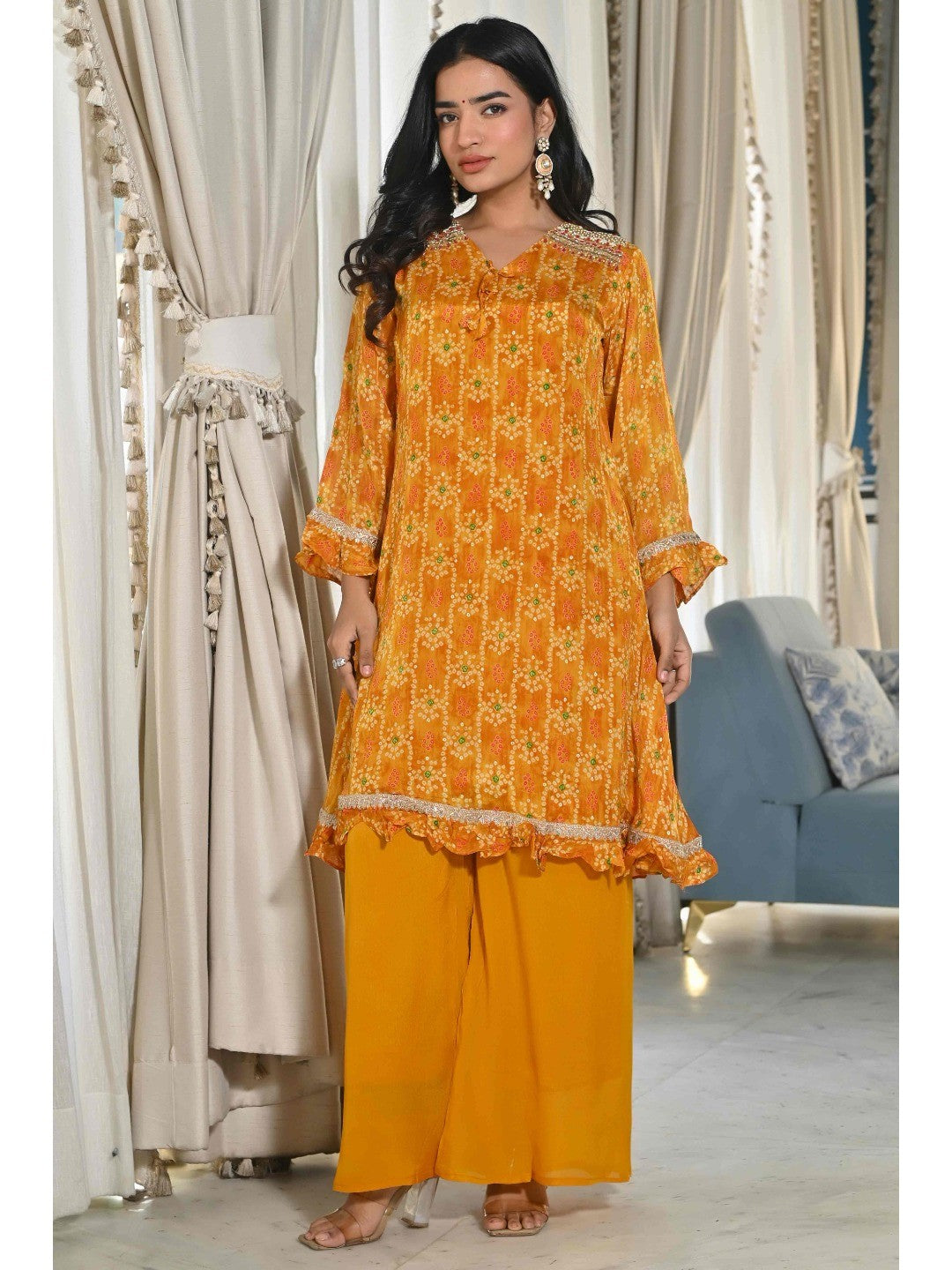 Mustard Bandhani Printed Chinon Co-Ord Set - Image 6
