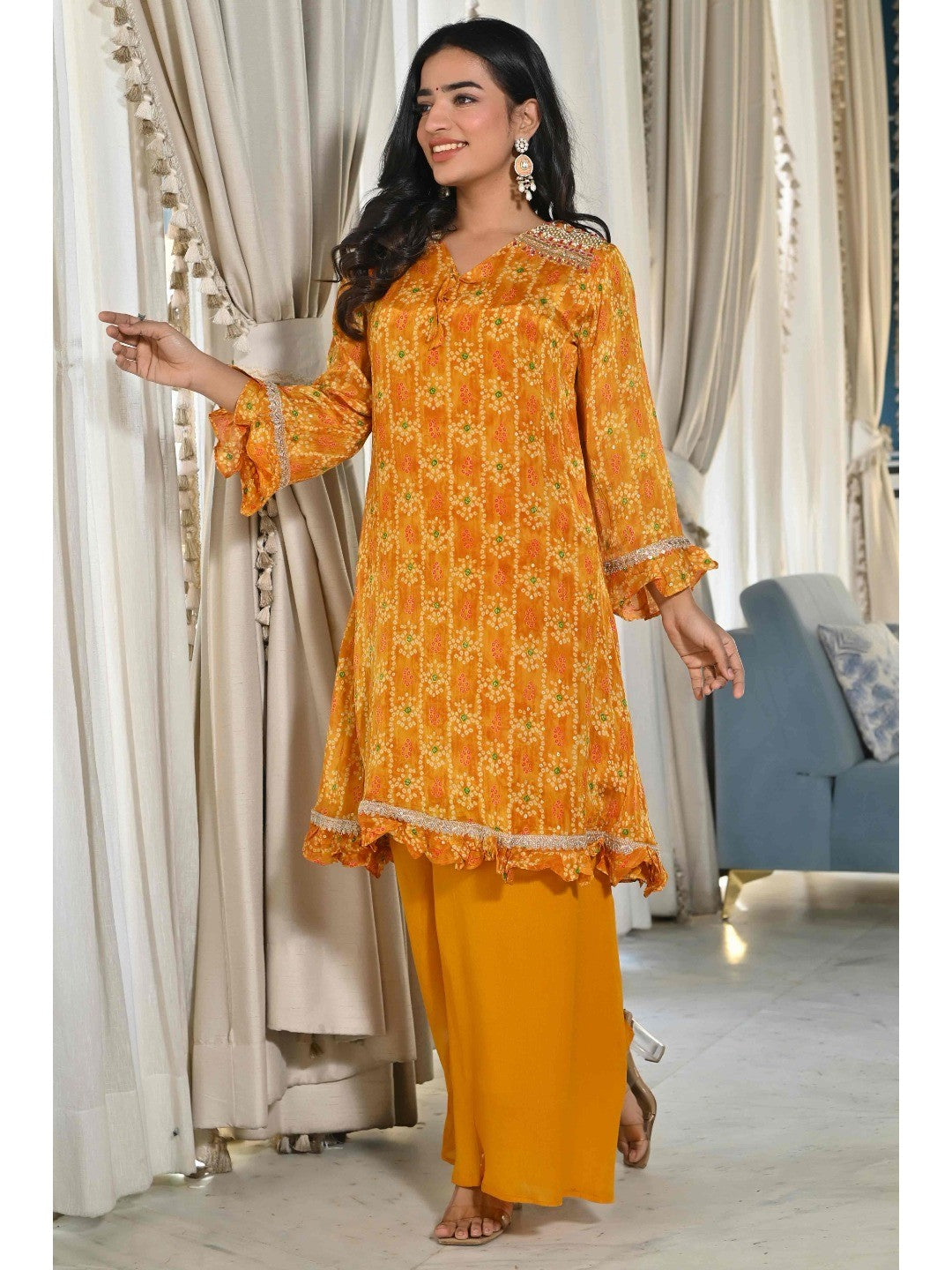 Mustard Bandhani Printed Chinon Co-Ord Set - Image 5