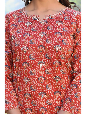 Red Floral Printed Pure Cotton Straight Kurti - Image 2