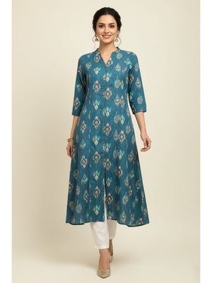 Dark Turquoise Ikkat Printed Pure Cotton A-Line Kurti - Image 1