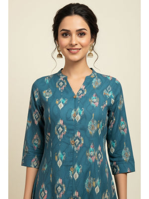 Dark Turquoise Ikkat Printed Pure Cotton A-Line Kurti - Image 2